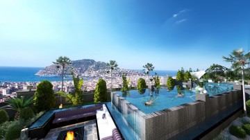 Alanya  Tepe  Mahallesine  Lüks  Satılık Deniz ve Kale Manzaralı  7+2 Villa